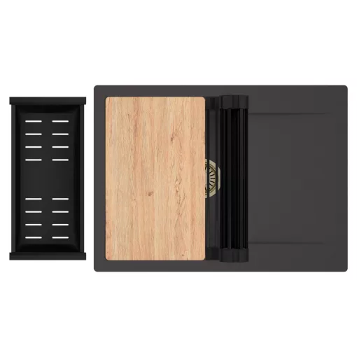 HD Onyx Antracit 68-XL egymedencés gránit mosogatótálca szett, csepegtetőtálcával, vágódeszkával, matt fekete csepegtetőráccsal és kosárral, matt antracit színben, szálcsiszolt arany leeresztő szifonnal