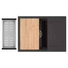 HD Onyx Antracit 68-XL egymedencés gránit mosogatótálca szett, csepegtetőtálcával, vágódeszkával, matt fekete csepegtetőráccsal és krómozott kosárral, matt antracit színben, szálcsiszolt arany leeresztő szifonnal