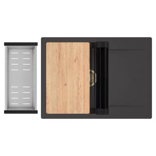 HD Onyx Antracit 68-XL egymedencés gránit mosogatótálca szett, csepegtetőtálcával, vágódeszkával, matt fekete csepegtetőráccsal és krómozott kosárral, matt antracit színben, szálcsiszolt arany leeresztő szifonnal