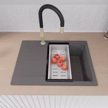 HD Onyx Antracit 68-XL egymedencés gránit mosogatótálca szett, csepegtetőtálcával, vágódeszkával, matt fekete csepegtetőráccsal és krómozott kosárral, matt antracit színben, szálcsiszolt arany leeresztő szifonnal