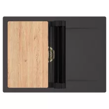 HD Onyx Antracit 68-XL egymedencés gránit mosogatótálca szett, csepegtetőtálcával, vágódeszkával, matt fekete csepegtetőráccsal, matt antracit színben, szálcsiszolt arany leeresztő szifonnal