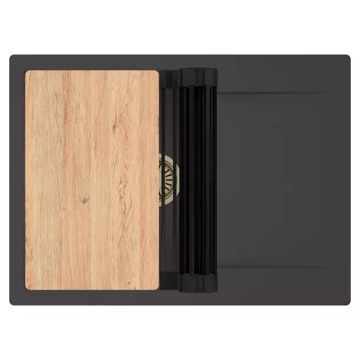 HD Onyx Antracit 68-XL egymedencés gránit mosogatótálca szett, csepegtetőtálcával, vágódeszkával, matt fekete csepegtetőráccsal, matt antracit színben, szálcsiszolt arany leeresztő szifonnal