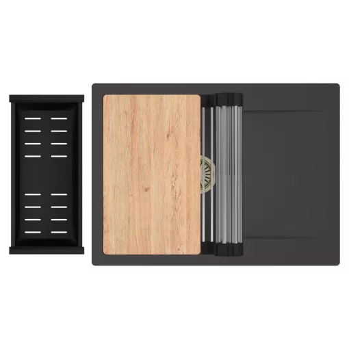 HD Onyx Antracit 68-XL egymedencés gránit mosogatótálca szett, csepegtetőtálcával, vágódeszkával, acél csepegtetőráccsal és matt fekete kosárral, matt antracit színben, szálcsiszolt arany leeresztő szifonnal