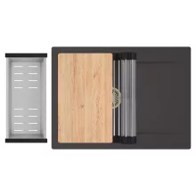 HD Onyx Antracit 68-XL egymedencés gránit mosogatótálca szett, csepegtetőtálcával, vágódeszkával, acél csepegtetőráccsal és kosárral, matt antracit színben, szálcsiszolt arany leeresztő szifonnal