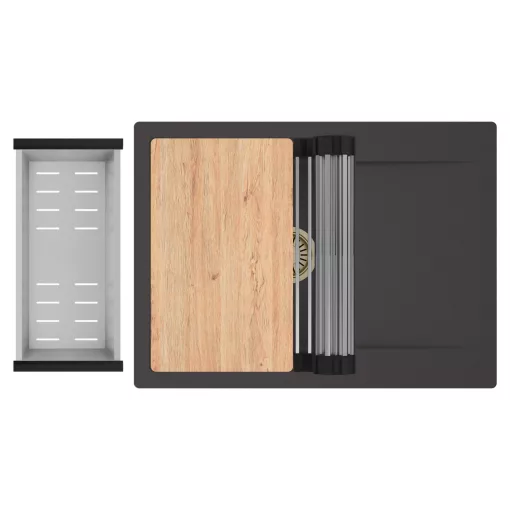 HD Onyx Antracit 68-XL egymedencés gránit mosogatótálca szett, csepegtetőtálcával, vágódeszkával, acél csepegtetőráccsal és kosárral, matt antracit színben, szálcsiszolt arany leeresztő szifonnal