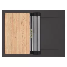 HD Onyx Antracit 68-XL egymedencés gránit mosogatótálca szett, csepegtetőtálcával, vágódeszkával, acél csepegtetőráccsal, matt antracit színben, szálcsiszolt arany leeresztő szifonnal