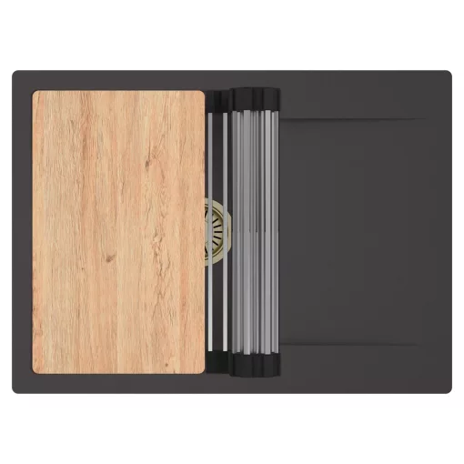 HD Onyx Antracit 68-XL egymedencés gránit mosogatótálca szett, csepegtetőtálcával, vágódeszkával, acél csepegtetőráccsal, matt antracit színben, szálcsiszolt arany leeresztő szifonnal