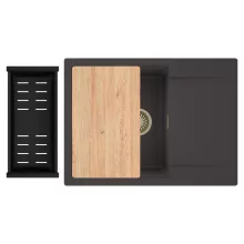 HD Onyx Antracit 68-XL egymedencés gránit mosogatótálca szett, csepegtetőtálcával, vágódeszkával, matt fekete csepegtetőkosárral, matt antracit színben, szálcsiszolt arany leeresztő szifonnal