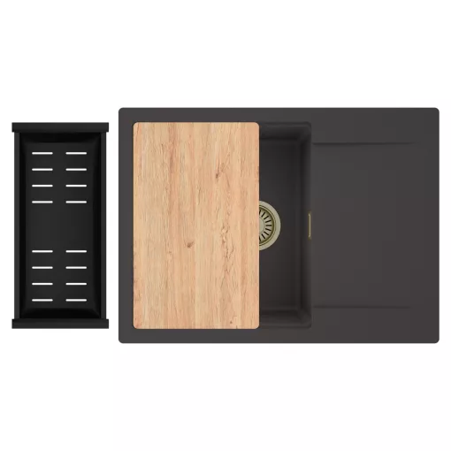 HD Onyx Antracit 68-XL egymedencés gránit mosogatótálca szett, csepegtetőtálcával, vágódeszkával, matt fekete csepegtetőkosárral, matt antracit színben, szálcsiszolt arany leeresztő szifonnal