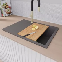 HD Onyx Antracit 68-XL egymedencés gránit mosogatótálca szett, csepegtetőtálcával, vágódeszkával, matt fekete csepegtetőkosárral, matt antracit színben, szálcsiszolt arany leeresztő szifonnal