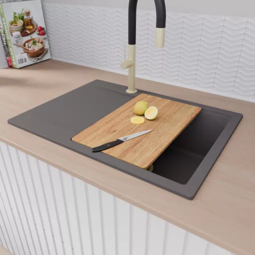 HD Onyx Antracit 68-XL egymedencés gránit mosogatótálca szett, csepegtetőtálcával, vágódeszkával, matt fekete csepegtetőkosárral, matt antracit színben, szálcsiszolt arany leeresztő szifonnal