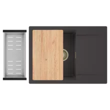 HD Onyx Antracit 68-XL egymedencés gránit mosogatótálca szett, csepegtetőtálcával, vágódeszkával, acél csepegtetőkosárral, matt antracit színben, szálcsiszolt arany leeresztő szifonnal