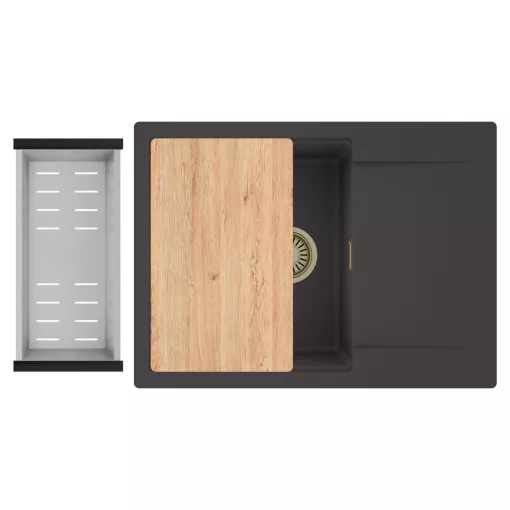 HD Onyx Antracit 68-XL egymedencés gránit mosogatótálca szett, csepegtetőtálcával, vágódeszkával, acél csepegtetőkosárral, matt antracit színben, szálcsiszolt arany leeresztő szifonnal