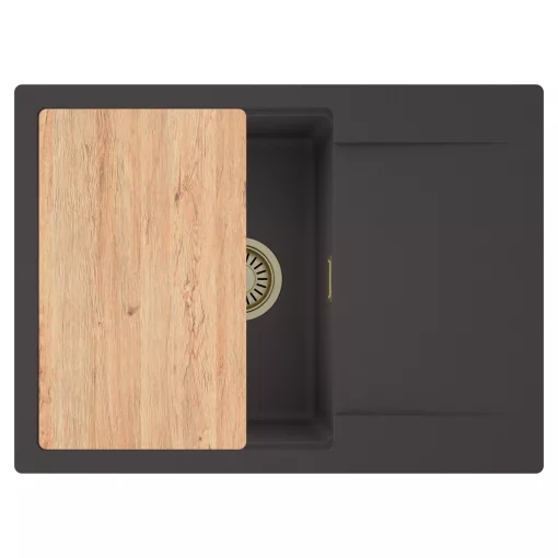 HD Onyx Antracit 68-XL egymedencés gránit mosogatótálca, vágódeszkával, matt antracit színben, szálcsiszolt arany leeresztő szifonnal