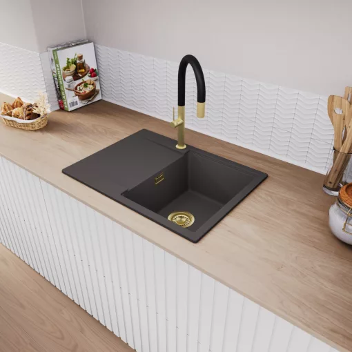 HD Onyx Antracit 68-XL egymedencés gránit mosogatótálca, vágódeszkával, matt antracit színben, szálcsiszolt arany leeresztő szifonnal