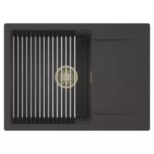 HD Onyx Antracit 68-XL egymedencés mosogatótálca szett, acél csepegtetőráccsal, csepegtetőtálcával, matt antracit színben, szálcsiszolt arany leeresztő szifonnal