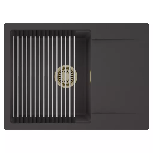 HD Onyx Antracit 68-XL egymedencés mosogatótálca szett, acél csepegtetőráccsal, csepegtetőtálcával, matt antracit színben, szálcsiszolt arany leeresztő szifonnal