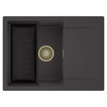 HD Onyx Antracit 68-XL egymedencés mosogatótálca szett, matt fekete csepegtetőkosárral, csepegtetőtálcával, matt antracit színben, szálcsiszolt arany leeresztő szifonnal