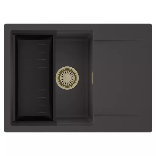 HD Onyx Antracit 68-XL egymedencés mosogatótálca szett, matt fekete csepegtetőkosárral, csepegtetőtálcával, matt antracit színben, szálcsiszolt arany leeresztő szifonnal
