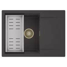 HD Onyx Antracit 68-XL egymedencés mosogatótálca szett, acél csepegtetőkosárral, csepegtetőtálcával, matt antracit színben, szálcsiszolt arany leeresztő szifonnal
