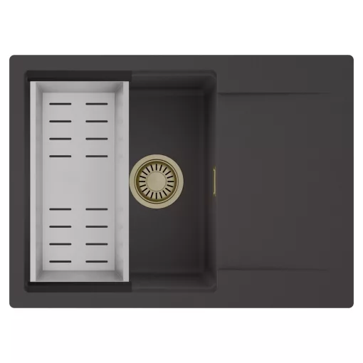 HD Onyx Antracit 68-XL egymedencés mosogatótálca szett, acél csepegtetőkosárral, csepegtetőtálcával, matt antracit színben, szálcsiszolt arany leeresztő szifonnal
