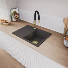 HD Onyx Antracit 68-XL egymedencés mosogatótálca, csepegtetőtálcával, matt antracit színben, szálcsiszolt arany leeresztő szifonnal