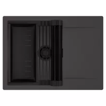 HD Onyx Antracit 68-XL egymedencés mosogatótálca szett, matt fekete csepegtetőráccsal és kosárral, csepegtetőtálcával, matt antracit színben, matt fekete leeresztő szifonnal