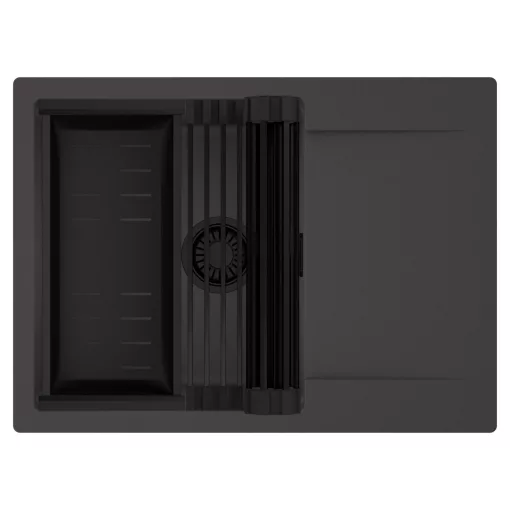 HD Onyx Antracit 68-XL egymedencés mosogatótálca szett, matt fekete csepegtetőráccsal és kosárral, csepegtetőtálcával, matt antracit színben, matt fekete leeresztő szifonnal