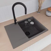 HD Onyx Antracit 68-XL egymedencés mosogatótálca szett, matt fekete csepegtetőráccsal és kosárral, csepegtetőtálcával, matt antracit színben, matt fekete leeresztő szifonnal