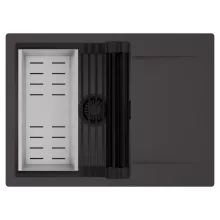 HD Onyx Antracit 68-XL egymedencés mosogatótálca szett, matt fekete csepegtetőráccsal és krómozott kosárral, csepegtetőtálcával, matt antracit színben, matt fekete leeresztő szifonnal