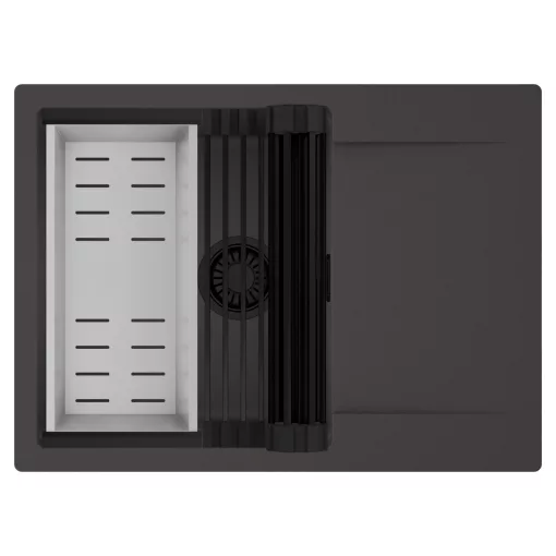 HD Onyx Antracit 68-XL egymedencés mosogatótálca szett, matt fekete csepegtetőráccsal és krómozott kosárral, csepegtetőtálcával, matt antracit színben, matt fekete leeresztő szifonnal