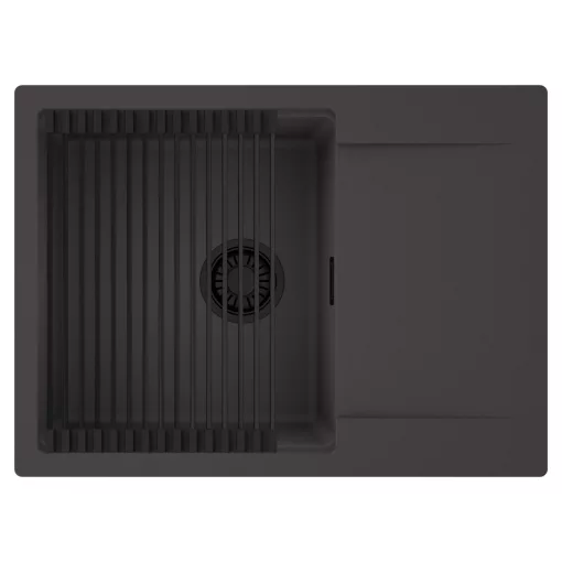 HD Onyx Antracit 68-XL egymedencés mosogatótálca szett, matt fekete csepegtetőráccsal, csepegtetőtálcával, matt antracit színben, matt fekete leeresztő szifonnal