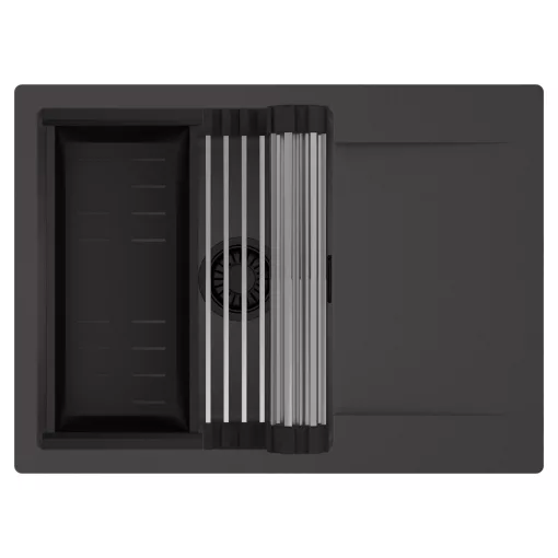 HD Onyx Antracit 68-XL egymedencés mosogatótálca szett, acél csepegtetőráccsal és matt fekete kosárral, csepegtetőtálcával, matt antracit színben, matt fekete leeresztő szifonnal