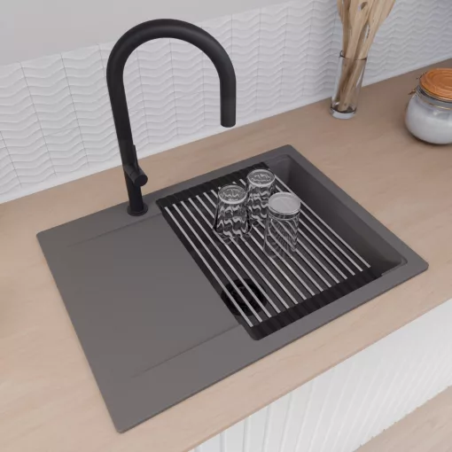 HD Onyx Antracit 68-XL egymedencés mosogatótálca szett, acél csepegtetőráccsal és matt fekete kosárral, csepegtetőtálcával, matt antracit színben, matt fekete leeresztő szifonnal