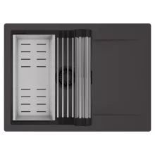 HD Onyx Antracit 68-XL egymedencés mosogatótálca szett, acél csepegtetőráccsal és kosárral, csepegtetőtálcával, matt antracit színben, matt fekete leeresztő szifonnal