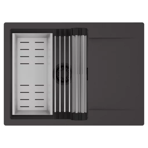 HD Onyx Antracit 68-XL egymedencés mosogatótálca szett, acél csepegtetőráccsal és kosárral, csepegtetőtálcával, matt antracit színben, matt fekete leeresztő szifonnal