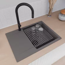 HD Onyx Antracit 68-XL egymedencés mosogatótálca szett, acél csepegtetőráccsal és kosárral, csepegtetőtálcával, matt antracit színben, matt fekete leeresztő szifonnal