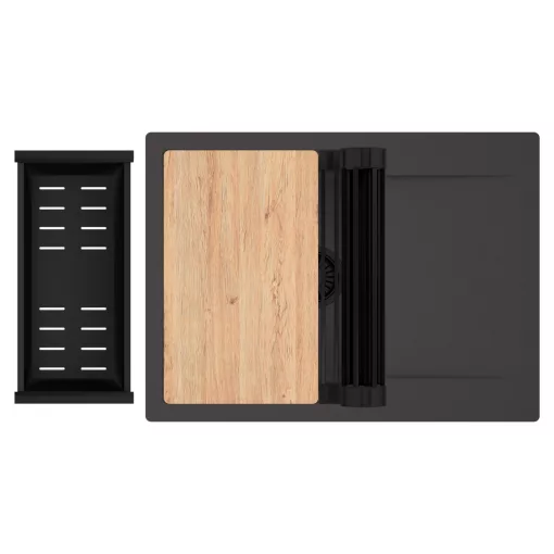 HD Onyx Antracit 68-XL egymedencés gránit mosogatótálca szett, csepegtetőtálcával, vágódeszkával, matt fekete csepegtetőráccsal és kosárral, matt antracit színben, matt fekete leeresztő szifonnal