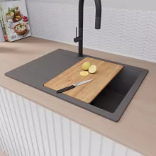 HD Onyx Antracit 68-XL egymedencés gránit mosogatótálca szett, csepegtetőtálcával, vágódeszkával, matt fekete csepegtetőráccsal és kosárral, matt antracit színben, matt fekete leeresztő szifonnal