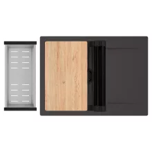 HD Onyx Antracit 68-XL egymedencés gránit mosogatótálca szett, csepegtetőtálcával, vágódeszkával, matt fekete csepegtetőráccsal és krómozott kosárral, matt antracit színben, matt fekete leeresztő szifonnal