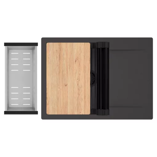 HD Onyx Antracit 68-XL egymedencés gránit mosogatótálca szett, csepegtetőtálcával, vágódeszkával, matt fekete csepegtetőráccsal és krómozott kosárral, matt antracit színben, matt fekete leeresztő szifonnal