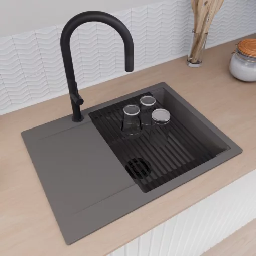 HD Onyx Antracit 68-XL egymedencés gránit mosogatótálca szett, csepegtetőtálcával, vágódeszkával, matt fekete csepegtetőráccsal és krómozott kosárral, matt antracit színben, matt fekete leeresztő szifonnal