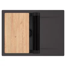 HD Onyx Antracit 68-XL egymedencés gránit mosogatótálca szett, csepegtetőtálcával, vágódeszkával, matt fekete csepegtetőráccsal, matt antracit színben, matt fekete leeresztő szifonnal