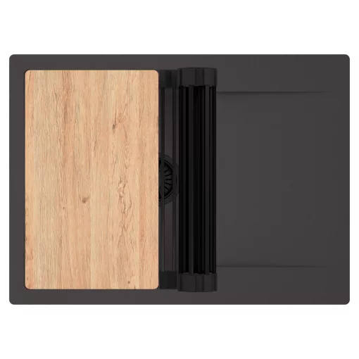 HD Onyx Antracit 68-XL egymedencés gránit mosogatótálca szett, csepegtetőtálcával, vágódeszkával, matt fekete csepegtetőráccsal, matt antracit színben, matt fekete leeresztő szifonnal