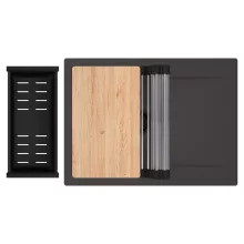 HD Onyx Antracit 68-XL egymedencés gránit mosogatótálca szett, csepegtetőtálcával, vágódeszkával, acél csepegtetőráccsal és matt fekete kosárral, matt antracit színben, matt fekete leeresztő szifonnal