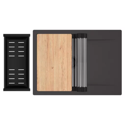 HD Onyx Antracit 68-XL egymedencés gránit mosogatótálca szett, csepegtetőtálcával, vágódeszkával, acél csepegtetőráccsal és matt fekete kosárral, matt antracit színben, matt fekete leeresztő szifonnal