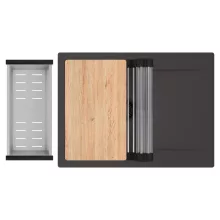 HD Onyx Antracit 68-XL egymedencés gránit mosogatótálca szett, csepegtetőtálcával, vágódeszkával, acél csepegtetőráccsal és kosárral, matt antracit színben, matt fekete leeresztő szifonnal