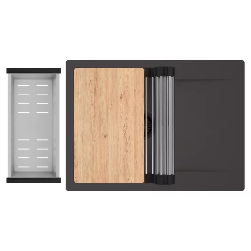 HD Onyx Antracit 68-XL egymedencés gránit mosogatótálca szett, csepegtetőtálcával, vágódeszkával, acél csepegtetőráccsal és kosárral, matt antracit színben, matt fekete leeresztő szifonnal