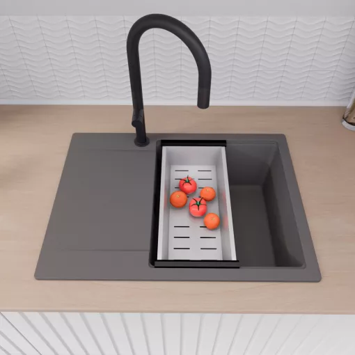 HD Onyx Antracit 68-XL egymedencés gránit mosogatótálca szett, csepegtetőtálcával, vágódeszkával, acél csepegtetőráccsal és kosárral, matt antracit színben, matt fekete leeresztő szifonnal