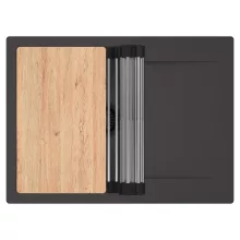 HD Onyx Antracit 68-XL egymedencés gránit mosogatótálca szett, csepegtetőtálcával, vágódeszkával, acél csepegtetőráccsal, matt antracit színben, matt fekete leeresztő szifonnal